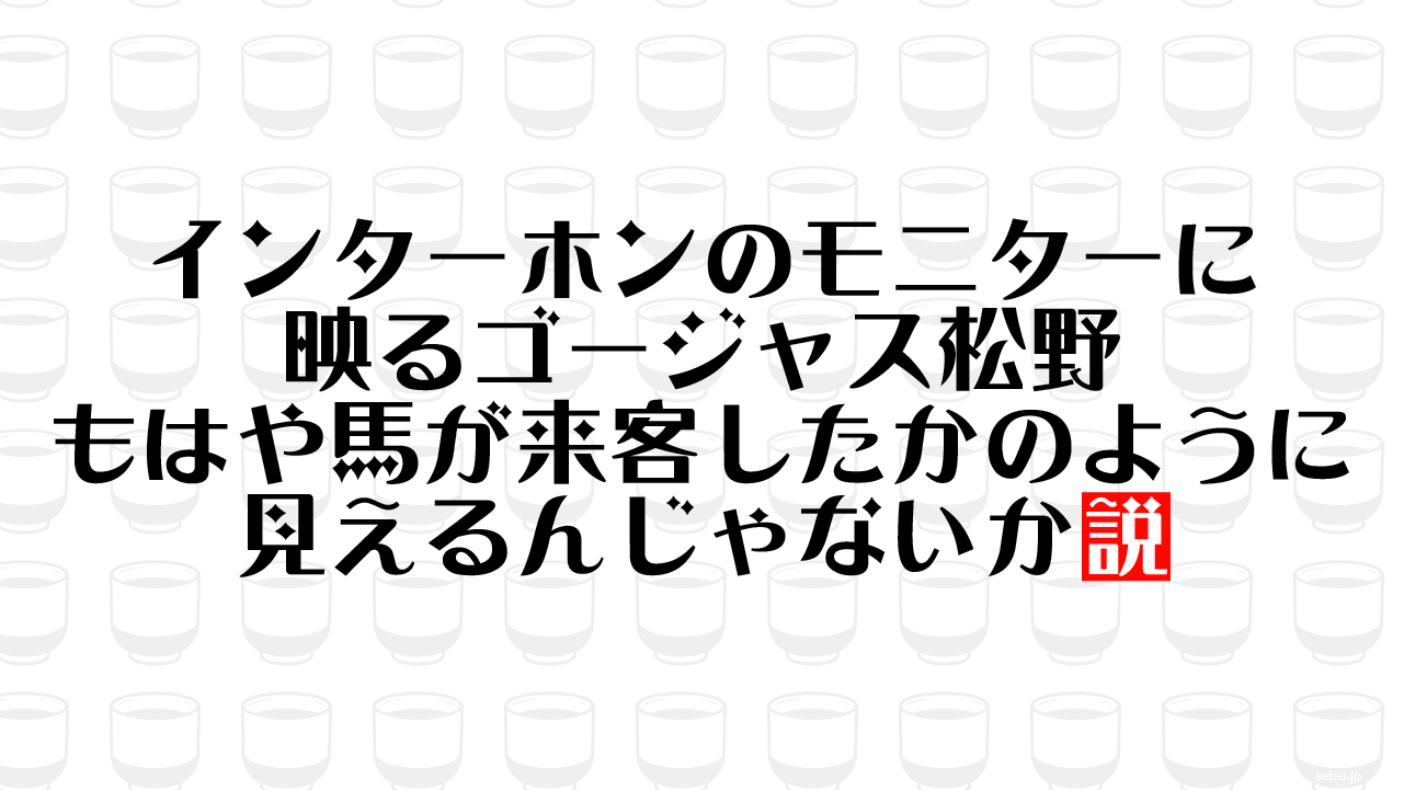 インターホンのモニターに映るゴージャス松野 もはや馬が来客したかのように見えるんじゃないか説