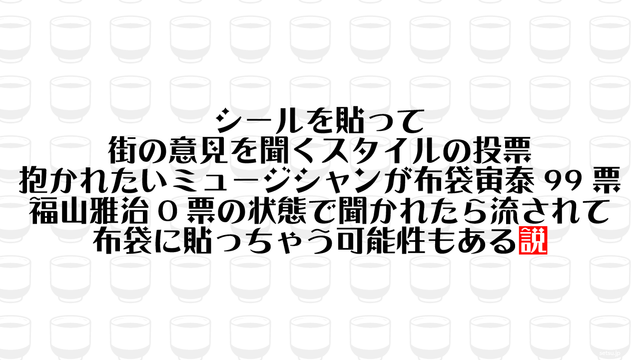 シールを貼って街の意見を聞くスタイルの投票 抱かれたいミュージシャンが布袋寅泰99票 福山雅治0票の状態で聞かれたら流されて布袋に貼っちゃう可能性もある説